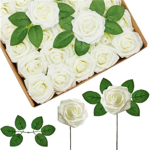 Artificial Roses, 50 Pcs Ivory Fake Roses with Stems Faux Artificial Flowers - Picture 1 of 7